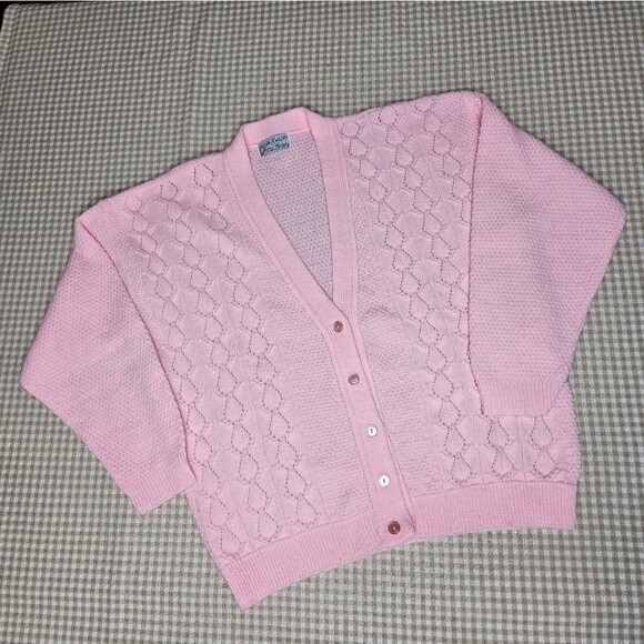 Cuddle Knit Wintuk Pink V Neck Button Up Open Knit Cardigan Sweater Vintage 60s - Picture 2 of 10